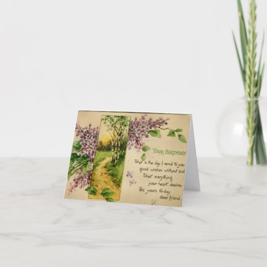 Kleine Lilac-Blume mit Waldweg Vintag Karte (Vorderseite)