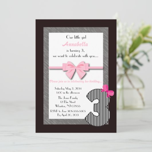 Kleine Mädchen-3. Geburtstag Einladung (Stehend Vorderseite)