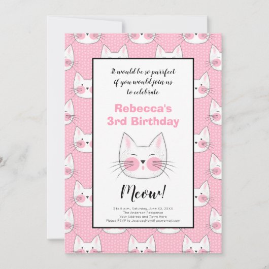 Kleine Mädchen 3. Geburtstag Party Pink Kitty Cats Ankündigung (Vorderseite)
