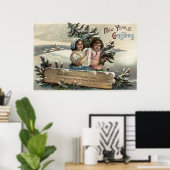 Kleine Mädchen, die ein Geschenk und einen Baum ha Poster (Heimbüro)