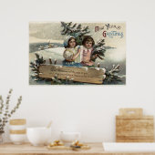 Kleine Mädchen, die ein Geschenk und einen Baum ha Poster (Küche)