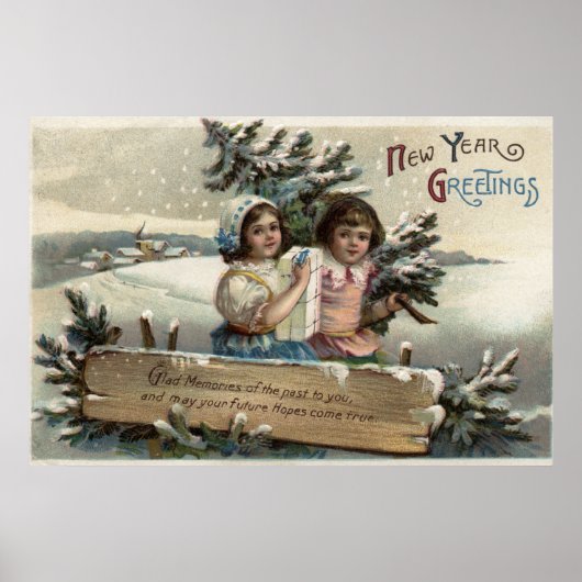 Kleine Mädchen, die ein Geschenk und einen Baum ha Poster (Vorne)