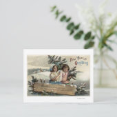 Kleine Mädchen, die ein Geschenk und einen Baum ha Postkarte (Stehend Vorderseite)