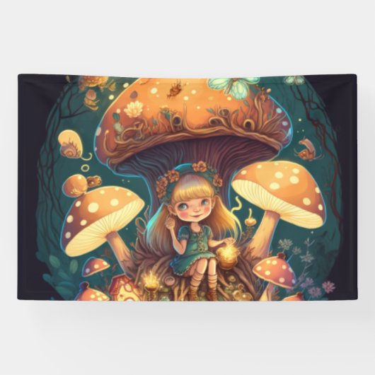 Kleine Mädchen-Elfe unter Pilzen Banner (Horizontal)