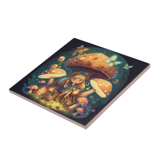 Kleine Mädchen-Elfe unter Pilzen Fliese (Seite)