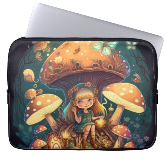 Kleine Mädchen-Elfe unter Pilzen Laptopschutzhülle (Vorderseite)