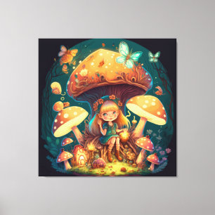 Kleine Mädchen-Elfe unter Pilzen Leinwanddruck