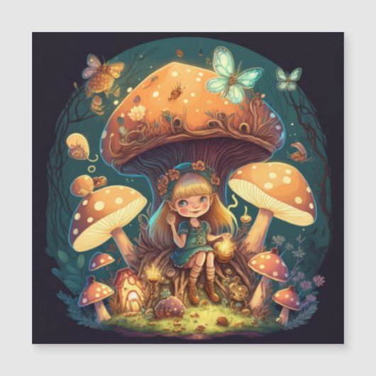 Kleine Mädchen-Elfe unter Pilzen Magnetkarte (Vorderseite)