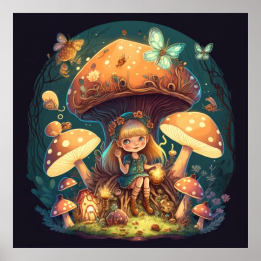 Kleine Mädchen-Elfe unter Pilzen Poster (Vorne)