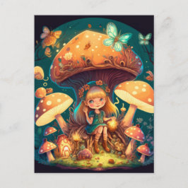 Kleine Mädchen-Elfe unter Pilzen Postkarte