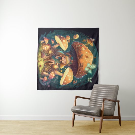 Kleine Mädchen-Elfe unter Pilzen Wandteppich (Beispiel (Horizontal))