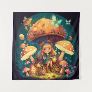 Kleine Mädchen-Elfe unter Pilzen Wandteppich