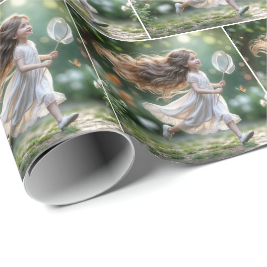 Kleine Mädchen jagen Schmetterlinge mit einem Netz Geschenkpapier (Rolleneckpunkt)