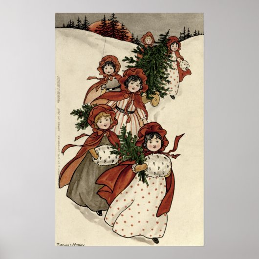 Kleine Mädchen mit Holly und dem Weihnachtsbaum Poster (Vorne)