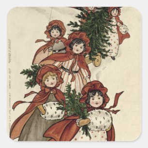Kleine Mädchen mit Holly und dem Weihnachtsbaum Quadratischer Aufkleber