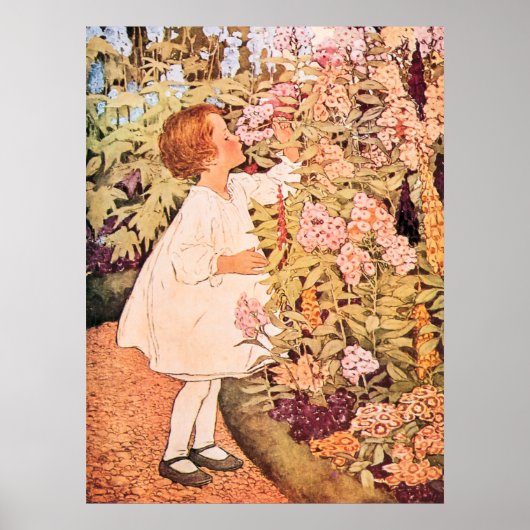 Kleine Mädchen riecht Blume Vintag Illustration Poster (Vorne)