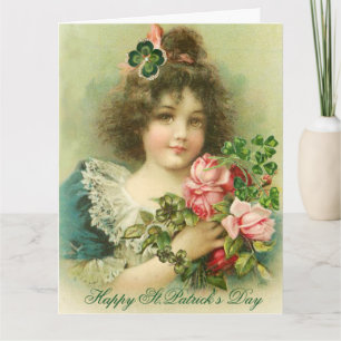 Kleine Mädchen Rosen und Kleeblätter St. Patricks Karte