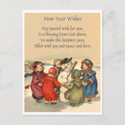 Kleine Mädchen um den Schneemann im Neuen Jahr, Vi Postkarte (Vorderseite)