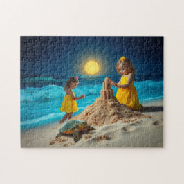 Kleine Mädchen und eine Meeresschildkröte beim Bau Puzzle