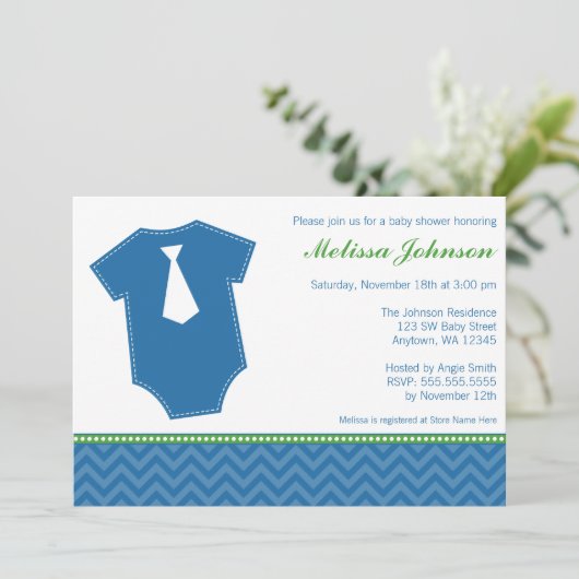 Kleine Mann-Krawatten-Bodysuit-blaues Einladung (Stehend Vorderseite)