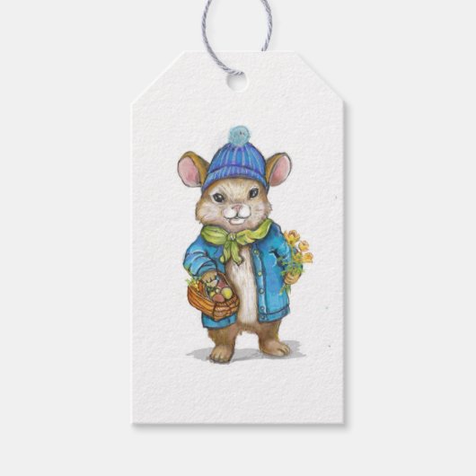 Kleine Maus mit einem Korb von Goodies Geschenkanhänger (Vorderseite)