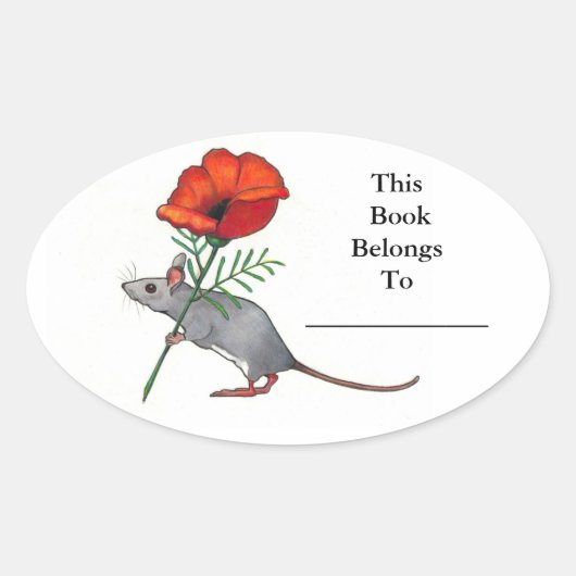 Kleine Maus mit großer Blume: Buchplatte Ovaler Aufkleber (Vorderseite)