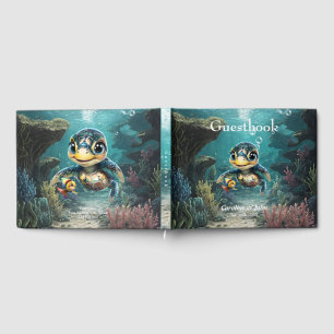 Kleine Meeresschildkröte, die mit ihrer Freundin e Gästebuch