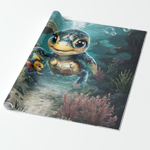 Kleine Meeresschildkröte, die mit ihrer Freundin e Geschenkpapier