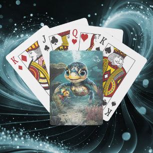 Kleine Meeresschildkröte, die mit ihrer Freundin e Spielkarten
