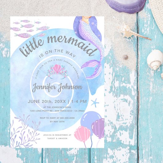 Kleine Meerjungfrau auf dem Weg Wasserfarbendusche Einladung