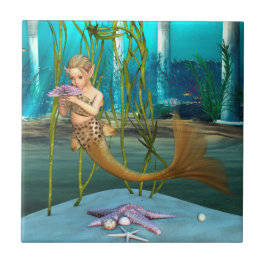 Kleine Meerjungfrau mit Anemone-Blume Fliese