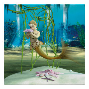 Kleine Meerjungfrau mit Anemone-Blume Poster