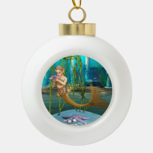 Kleine Meerjungfrau mit Anemonenblume Keramik Kugel-Ornament