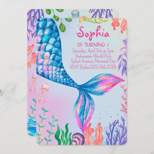Kleine Meerjungfrau Schwanz Unterwasser Geburtstag Einladung (Vorne/Hinten)