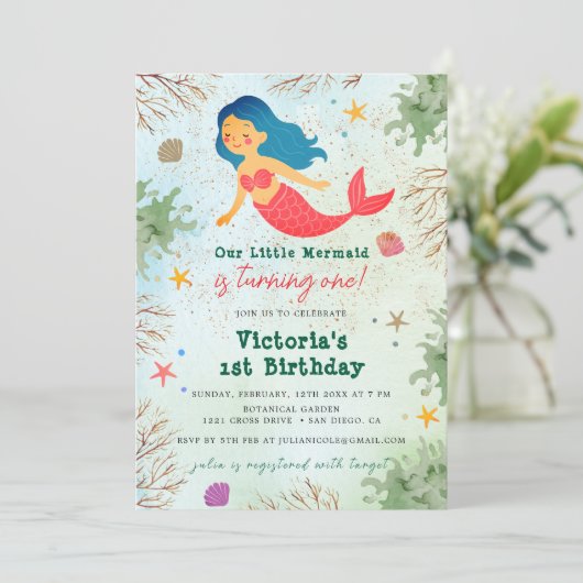Kleine Meerjungfrau unter dem Glitzer von Meergold Einladung (Stehend Vorderseite)