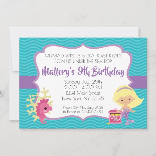 Kleine Meerjungfrau zum Geburtstag, blonde Einladung (Vorderseite)