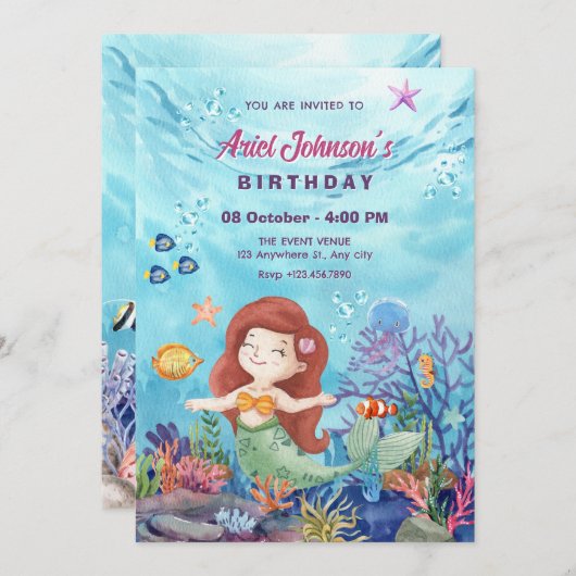 Kleine Meerjungfraudusche Einladung (Vorne/Hinten)