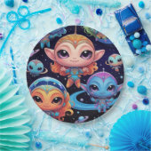 Kleine mehrfarbige Außerirdischen im Weltraum Pappteller (Party)