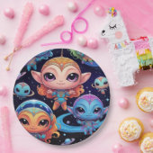 Kleine mehrfarbige Außerirdischen im Weltraum Pappteller (Party)