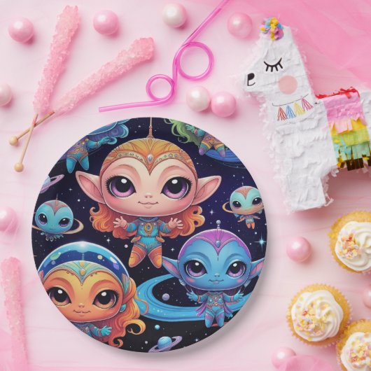 Kleine mehrfarbige Außerirdischen im Weltraum Pappteller (Party)