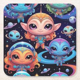 Kleine mehrfarbige Außerirdischen im Weltraum Rechteckiger Pappuntersetzer