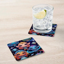 Kleine mehrfarbige Außerirdischen im Weltraum Rechteckiger Pappuntersetzer