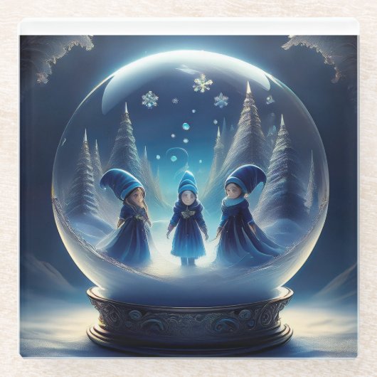 Kleine Menschen in einer Schneeglobe Glasuntersetzer (Vorderseite)