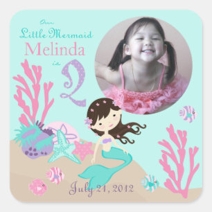 Kleine Mermaid-Foto-Aufkleber Brünett 2 Quadratischer Aufkleber