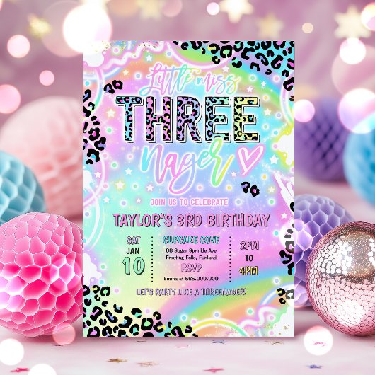 Kleine Miss Dreijährige Regenbogen Leopard 3. Gebu Einladung