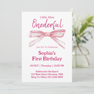 Kleine Miss ONEDERFUL Pink Bow Girl 1. Geburtstag Einladung