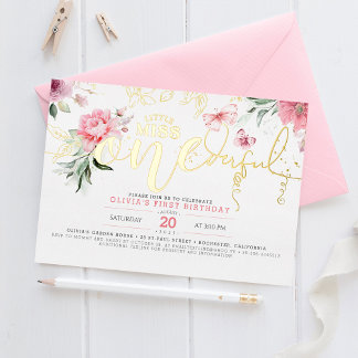 Kleine Miss ONEderful Pink Floral 1. Geburtstag Folieneinladung