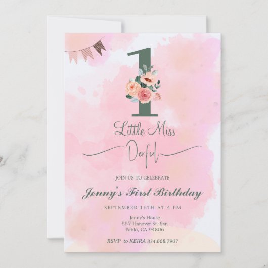 Kleine Miss ONEderful Wasserfarbe Rosa 1. Geburtst Einladung (Vorderseite)