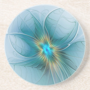 Kleine moderne blaue goldene fraktale Blumenkunst Getränkeuntersetzer