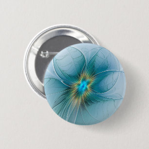 Kleine moderne blaue goldene fraktale Kunstblume Button
